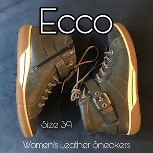 🦚 Women’s Ecco Leather Sneakers with Ankle Strap - Teal Slate Blue Hightops